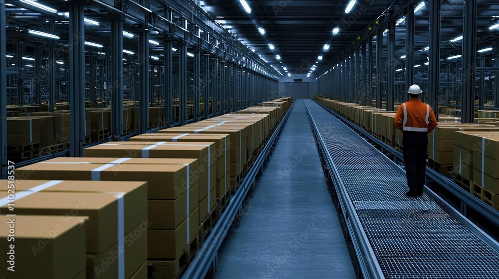 A warehouse scene featuring a worker in safety gear walking alongside rows of stacked boxes under bright overhead lights. A warehouse scene featuring a worker in safety gear walking alongside rows of stacked boxes under bright overhead lights.