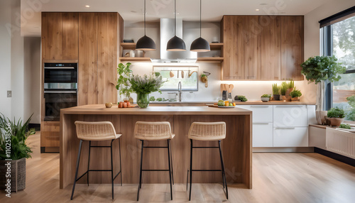 A cozy, modern kitchen with warm wood tones and soft lighting