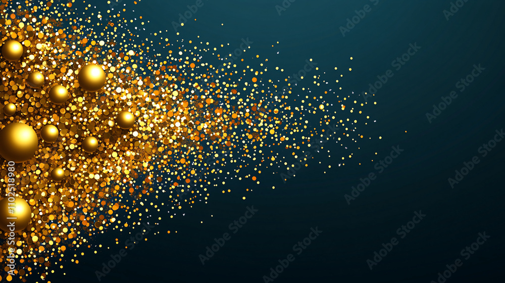 A vibrant display of golden particles and spheres against a dark background, creating a dynamic, shimmering effect. A vibrant display of golden particles and spheres against a dark background, creating a dynamic, shimmering effect.