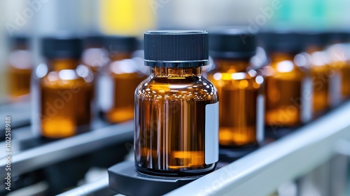 A row of amber glass bottles on a conveyor belt, likely in a pharmaceutical or chemical manufacturing setting.