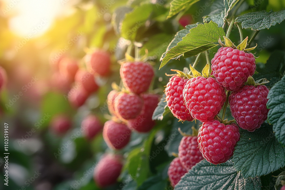 A bush of juicy green is home to many beautiful ripe raspberries growing A bush of juicy green is home to many beautiful ripe raspberries growing