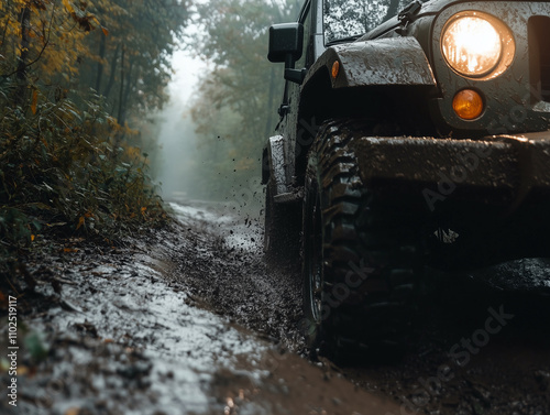 Muddy off-road vehicle driving on a rugged trail through a misty forest, capturing adventure photo
