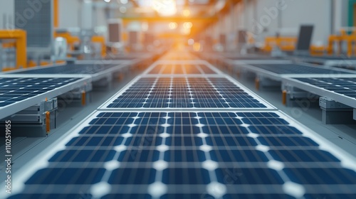 A close-up view of solar panels in a factory setting, showcasing rows of photovoltaic cells under warm lighting, emphasizing renewable energy production.