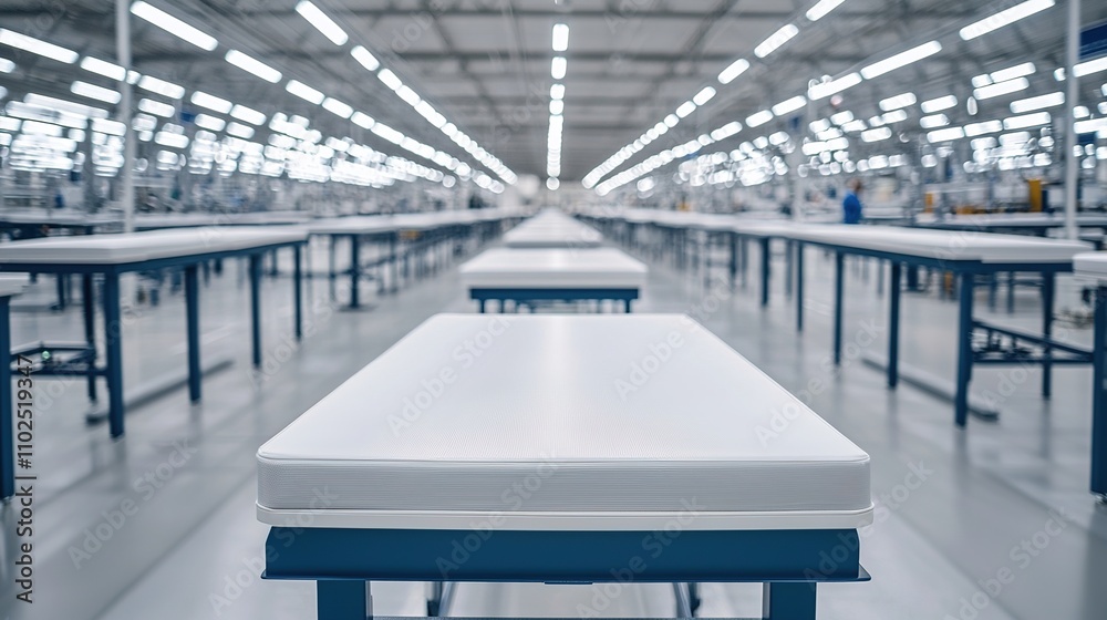 Fototapeta premium A spacious factory floor features rows of empty work tables under a bright, industrial ceiling, emphasizing a clean and organized workspace.