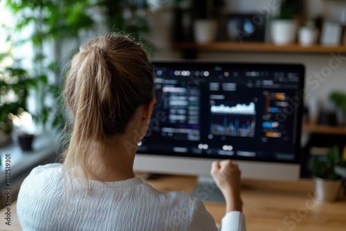 A young person with a ponytail celebrates significant data insights on their computer, visually representing the joy and satisfaction that follow successful analysis and hard work. photo