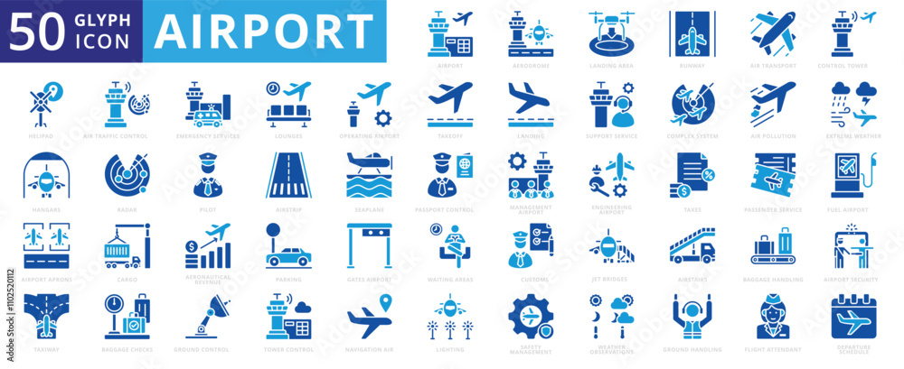 Airport icon set with air, customs, airstrip, management, security, cargo, runway, lighting, radar, transport, stairs, air pollution, pilot, tax, taxiway, parking, helipad, extreme weather, and flight