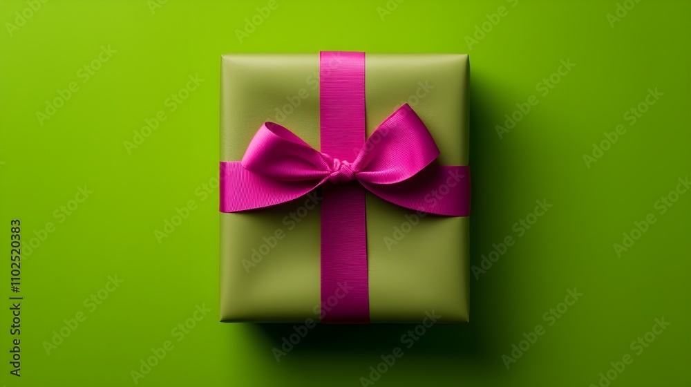 Close-up of a neatly wrapped gift with a vivid pink bow, centered on a bold green background, minimalistic and joyful atmosphere, soft shadows Close-up of a neatly wrapped gift with a vivid pink bow, centered on a bold green background, minimalistic and joyful atmosphere, soft shadows