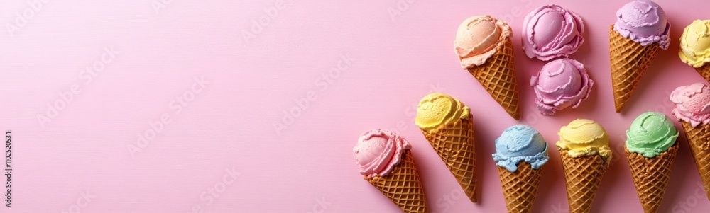 Several ice cream cones with different colors of ice cream on a pink background, frame , space for text Several ice cream cones with different colors of ice cream on a pink background, frame , space for text