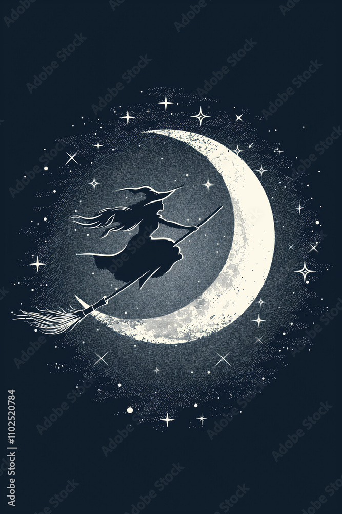 Witch silhouette flying on a broomstick with moon and stars on Walpurgis Night Witch silhouette flying on a broomstick with moon and stars on Walpurgis Night