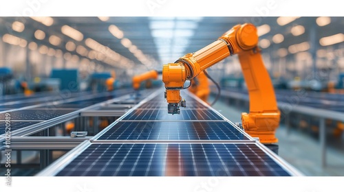 A robotic arm assembles solar panels in a modern manufacturing facility, showcasing automation in renewable energy production.