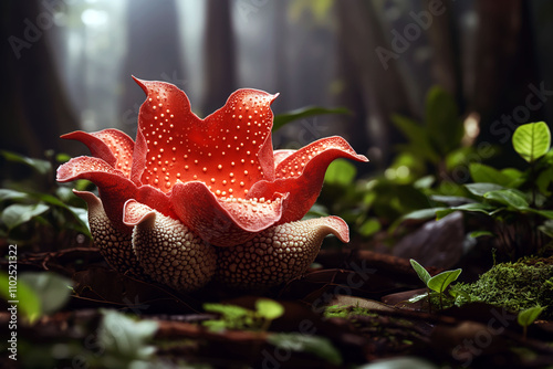 Rafflesia arnoldii blooms on forest floor showcasing vibrant colors and natural light photo