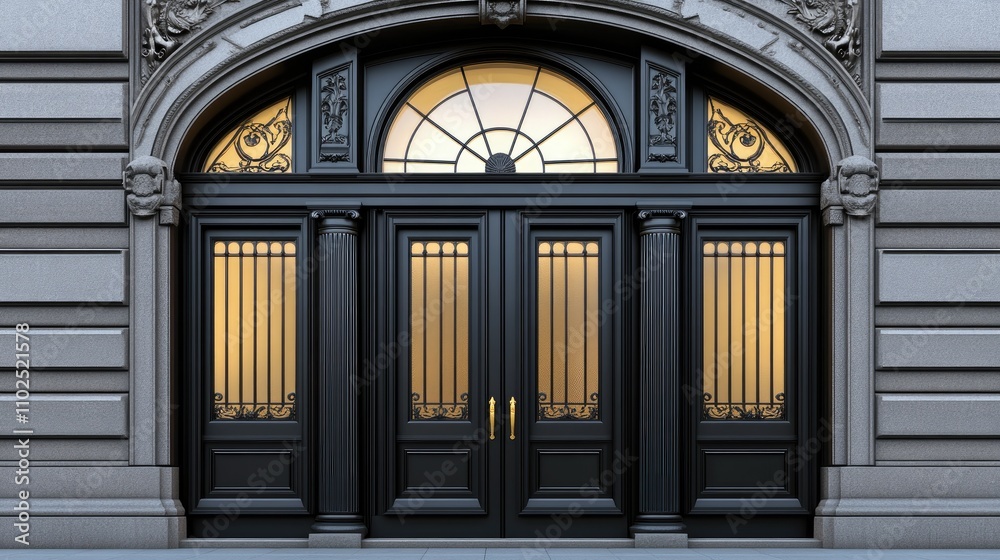 Obraz premium Luxurious black double door features a decorative arch and warm illumination, set against stunning gray stone walls