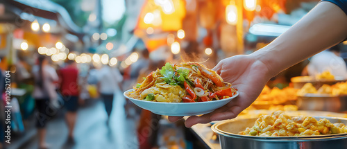 Travel concept of street foods and local cuisine. A person holds a plate of colorful street food in a bustling market, illuminated by warm lights and surrounded by people.