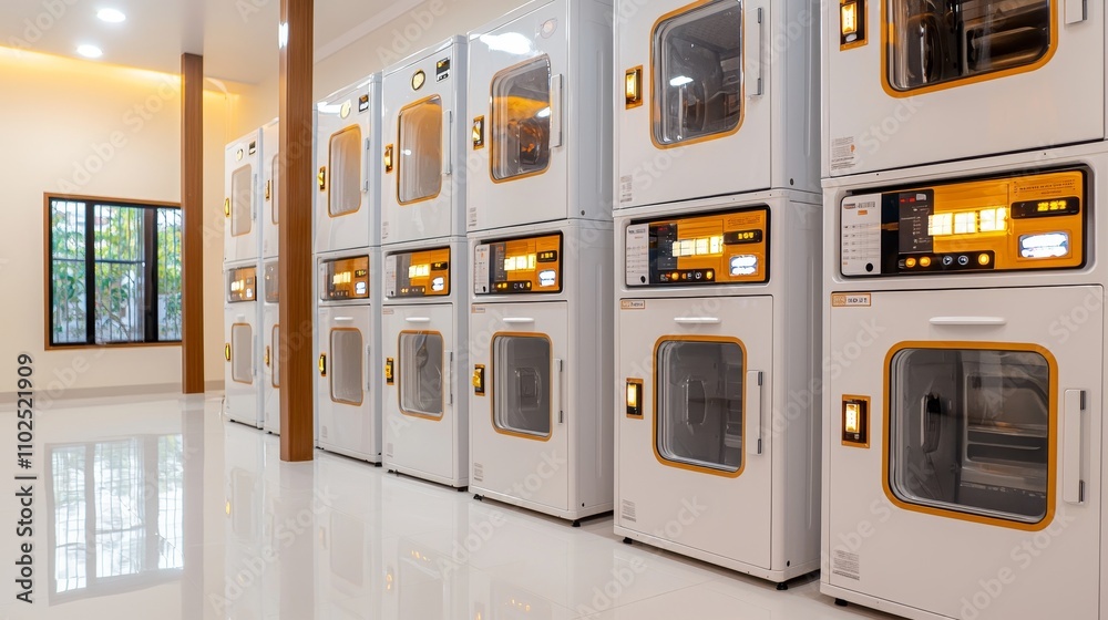 Laundry space with lockers, coin machines, functional hostel style Laundry space with lockers, coin machines, functional hostel style