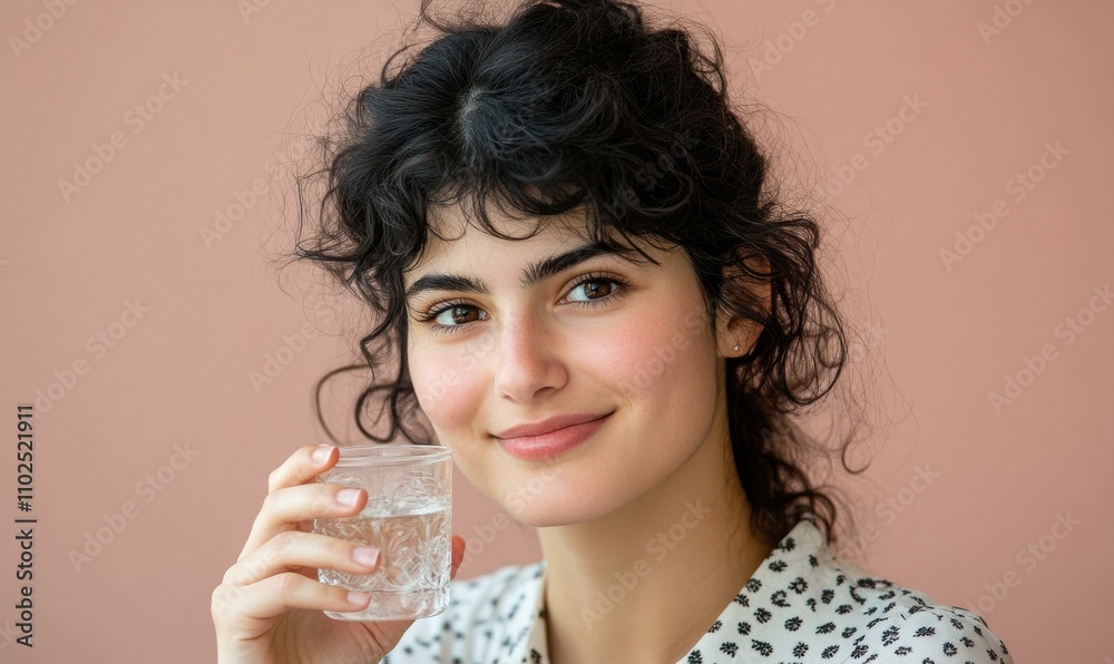 Woman smiling while holding a glass of water. AI. Woman smiling while holding a glass of water. AI.