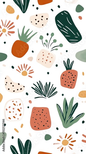 Abstract pattern with organic shapes, pineapples, flowers, and leaves.