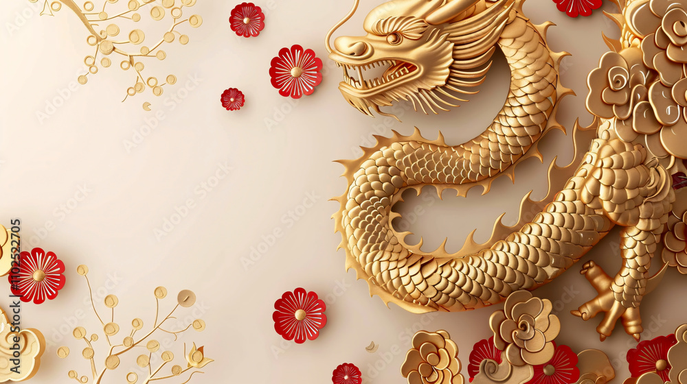 Chinese New Year 2024 greeting card featuring a golden dragon. Chinese New Year 2024 greeting card featuring a golden dragon.