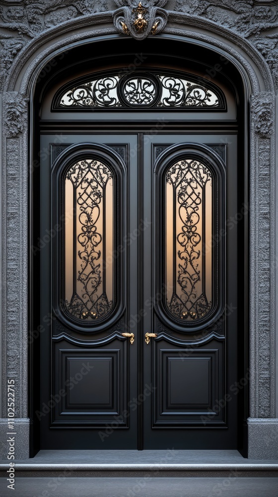 Luxurious black double door features a decorative arch and warm illumination, set against stunning gray stone walls Luxurious black double door features a decorative arch and warm illumination, set against stunning gray stone walls