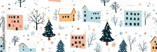 Seamless pattern Winter City Scene,Christmas Greeting Card,New Year Background,Vector illustration Endless Horizon Cute Fairy Houses with Snowy.Pattern Christmas winter landscape Design for Postcar photo