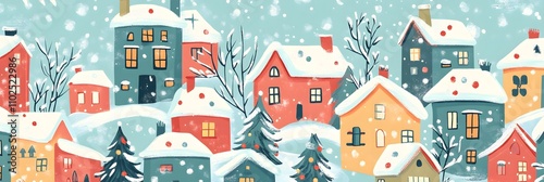 Seamless pattern Winter City Scene,Christmas Greeting Card,New Year Background,Vector illustration Endless Horizon Cute Fairy Houses with Snowy.Pattern Christmas winter landscape Design for Postcar photo