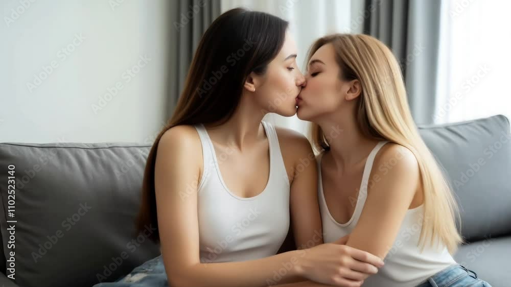 Romantic moment of two women in a lesbian relationship sharing a tender kiss in a cozy setting. Romantic moment of two women in a lesbian relationship sharing a tender kiss in a cozy setting.