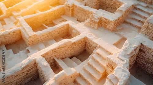 Overhead view of Mohenjo-Daro, detailed stone walls, faded earth hues, Sindh province--style raw