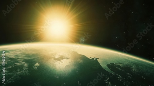 A stunning view of Earth from space as the sun shines brightly over the horizon, highlighting the planet's surface and atmosphere.