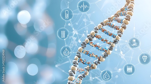 A digital DNA strand with overlapping medical icons, representing the integration of genetics and healthcare. photo