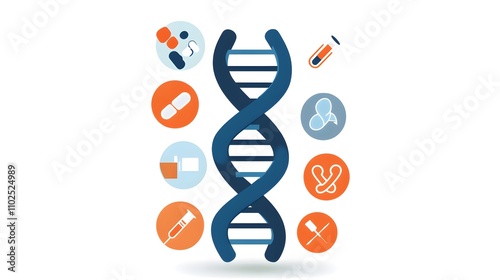 A digital DNA strand with overlapping medical icons, representing the integration of genetics and healthcare.