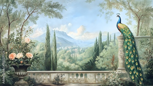 Vintage Roman mural wallpaper with garden, forest, peacock, bird, flower vase, botanical plant landscape illustration