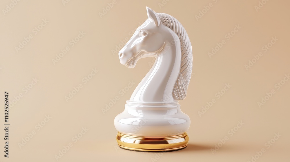 Elegant white chess knight, highly reflective surface, placed against a soft beige background, minimalist composition with vibrant focus on texture Elegant white chess knight, highly reflective surface, placed against a soft beige background, minimalist composition with vibrant focus on texture