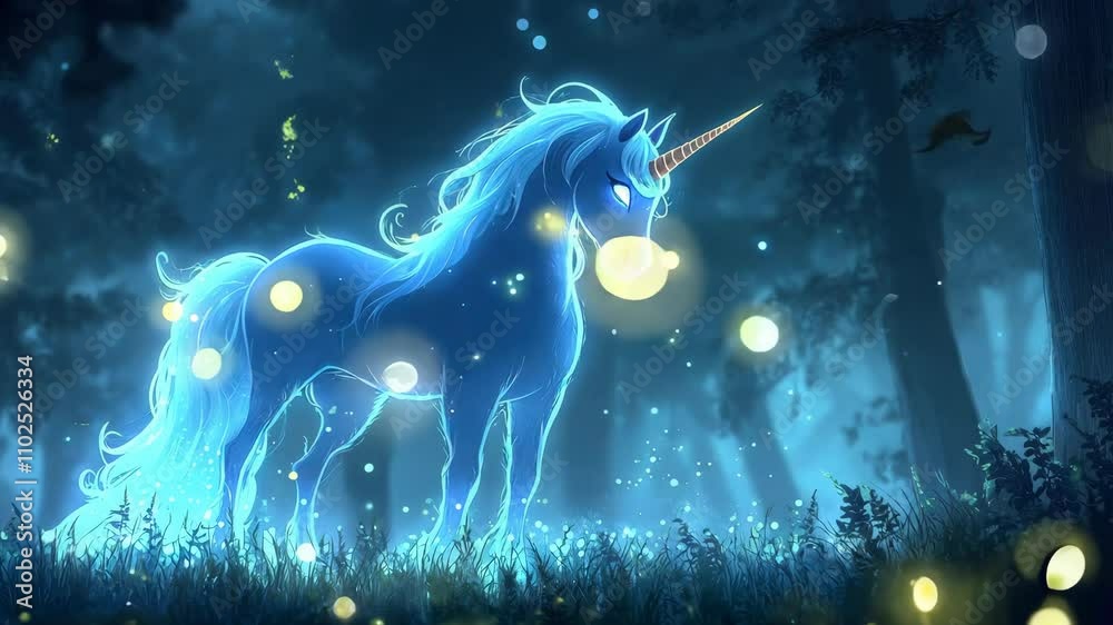 Illustrate a graceful unicorn standing in a magical forest, with a glowing horn and a flowing mane, Close up 4K Video