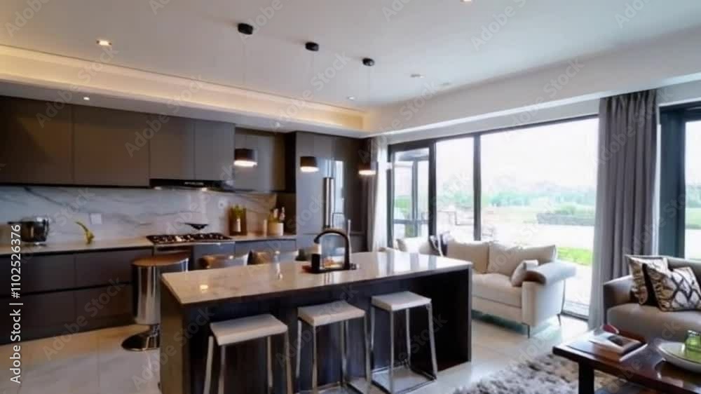A modern kitchen seamlessly blends with the living room, featuring sleek appliances and an inviting layout for social interaction. A modern kitchen seamlessly blends with the living room, featuring sleek appliances and an inviting layout for social interaction.