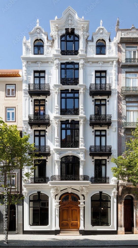 Obraz premium Front view of a striking house featuring wooden doors and large windows, set against a bright blue sky and stone wall