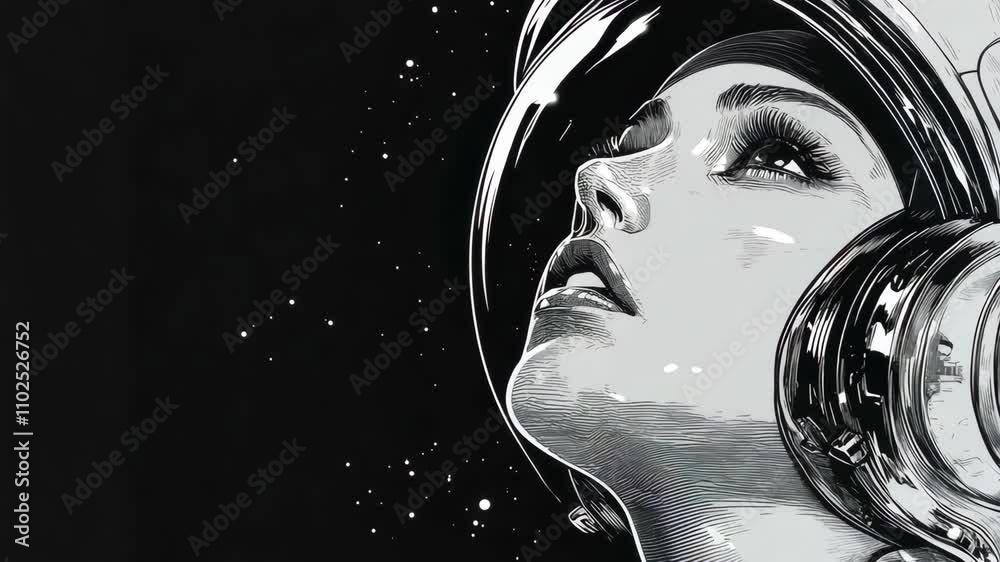 glamorous woman in a retro-style space helmet, vintage aesthetics with a futuristic astronaut theme sketch engraving generative ai raster . Scratch board imitation. Black and white . 4K Video
