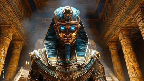 Majestic Pharaoh with Glowing Eyes in an Ancient Egyptian Tomb Surrounded by Hieroglyphs