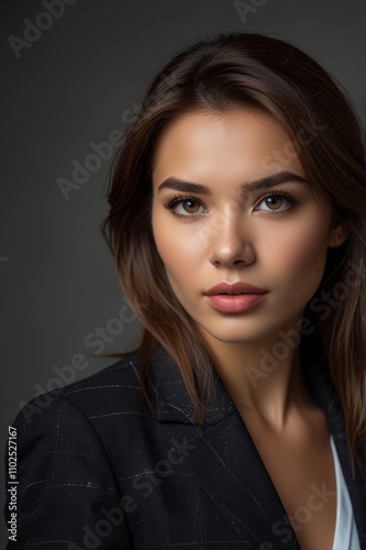 young beautiful model, woman looking at camera in business suits, bright clothes, slim waistline, dark background