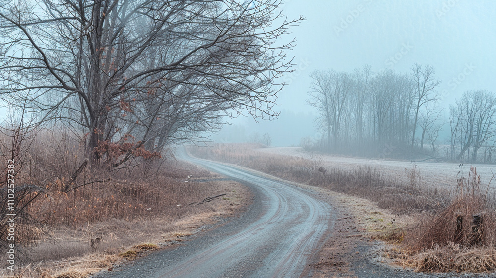 Fog-Covered Countryside Road: A winding country road disappearing into the fog, lined with leafless trees. Fog-Covered Countryside Road: A winding country road disappearing into the fog, lined with leafless trees.