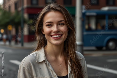 smiling woman portrait on city street