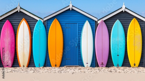 Colorful surfboards lined up in a row against a beach hut, bright summer colors, and relaxed seaside feel photo