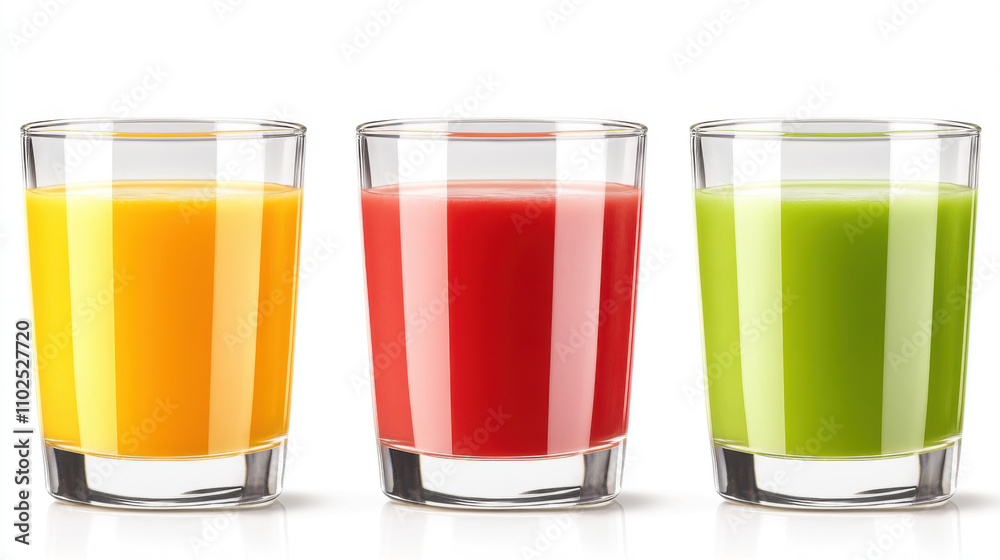 Fresh and vibrant, three colorful glasses of juice showcase mango yellow, bright red, and refreshing green hues, perfect for healthy drink option Fresh and vibrant, three colorful glasses of juice showcase mango yellow, bright red, and refreshing green hues, perfect for healthy drink option