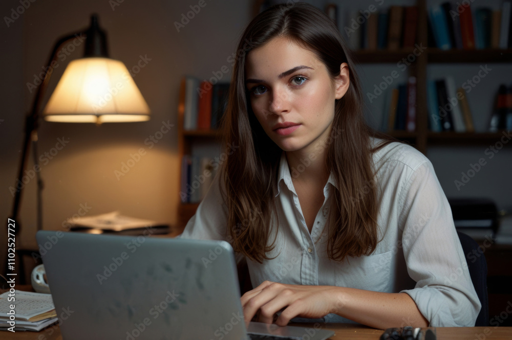 young european brunette woman sitting in a dimly lit room with desk lamp, typing on laptop keyboard, serious emotions young european brunette woman sitting in a dimly lit room with desk lamp, typing on laptop keyboard, serious emotions