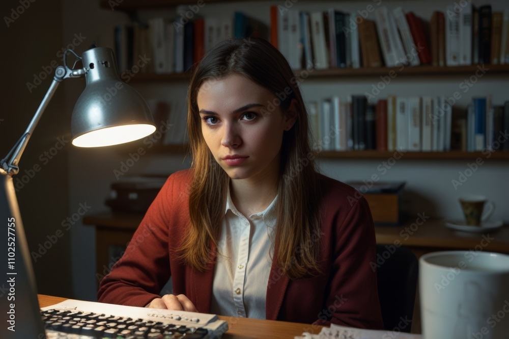 Fototapeta premium young european brunette woman sitting in a dimly lit room with desk lamp, typing on laptop keyboard, serious emotions