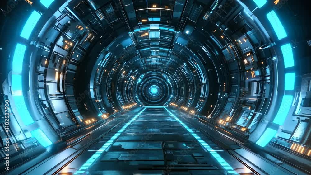 A futuristic sci-fi platform with neon blue circles and beams on a black backdrop. 4K Video