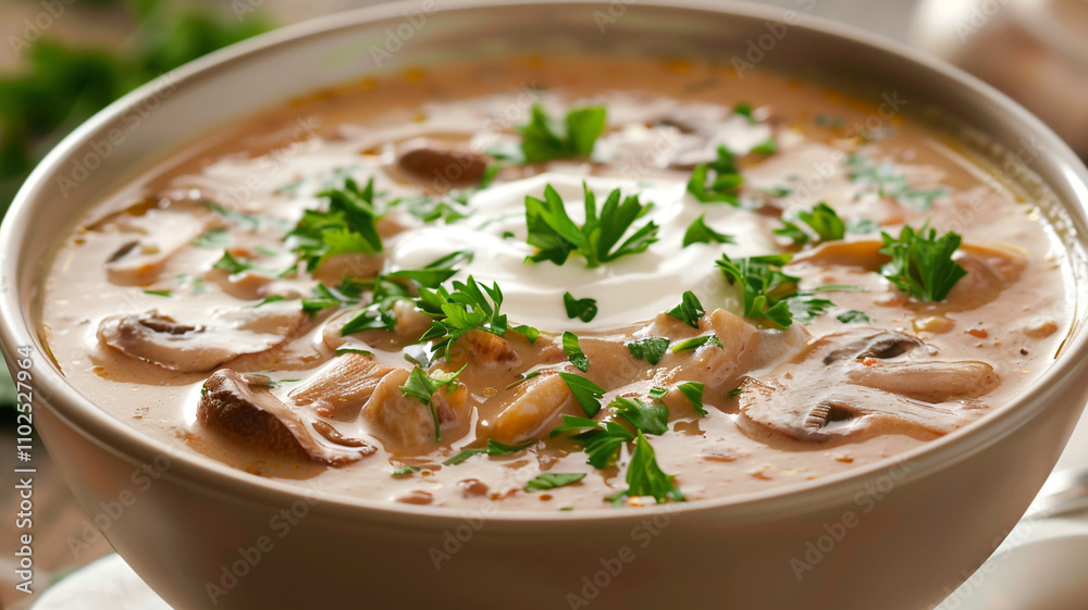 A velvety bowl of mushroom soup enriched with cream and garnished with vibrant parsley, a comforting dish perfect for any season A velvety bowl of mushroom soup enriched with cream and garnished with vibrant parsley, a comforting dish perfect for any season