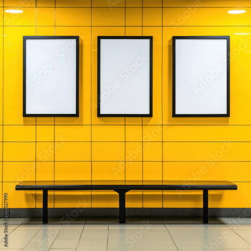 Fototapeta Naklejka Na Ścianę i Meble -  Empty three frames advertising space in subway station on vibrant yellow wall. minimalist design creates striking visual impact