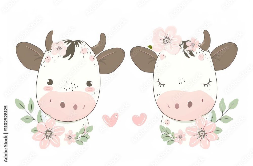 Cute illustrated cows with floral decorations, featuring soft colors and adorable expressions, perfect for children’s themes and farm projects. Cute illustrated cows with floral decorations, featuring soft colors and adorable expressions, perfect for children’s themes and farm projects.