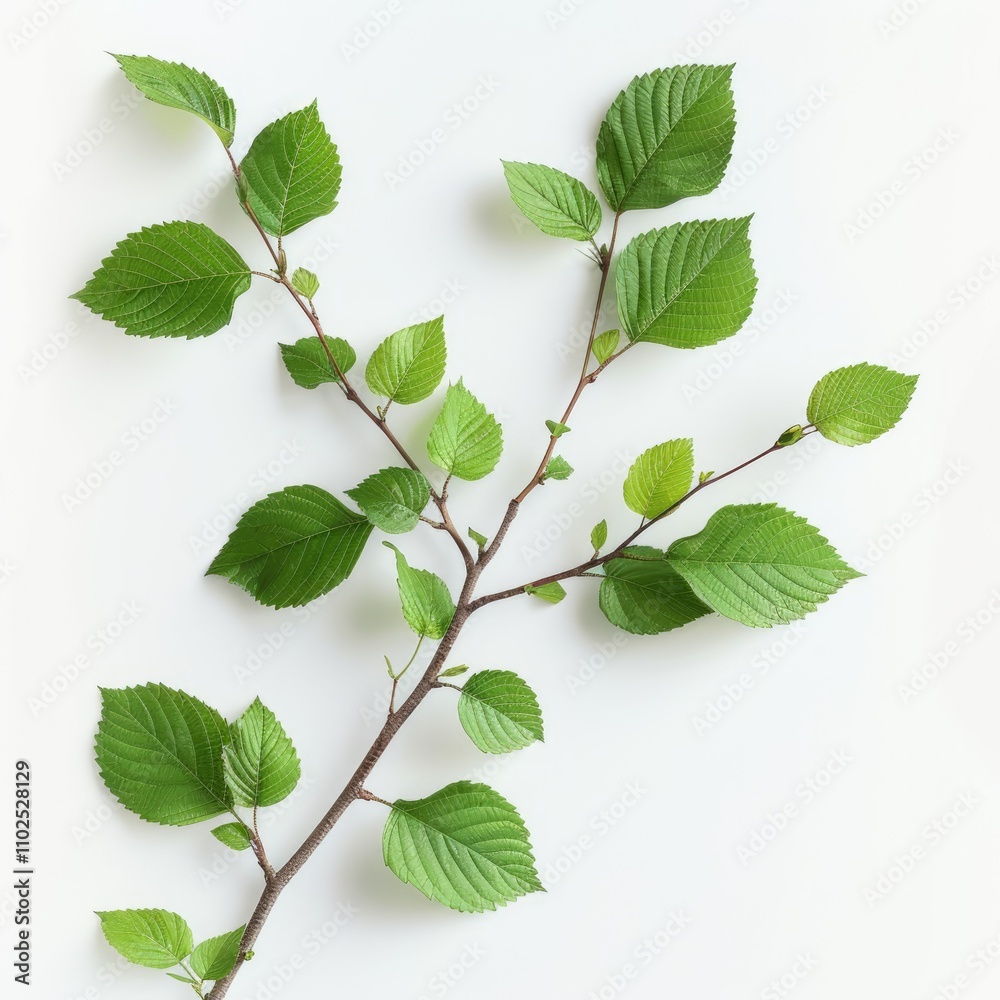 Green leaves on tree branch on white background. Green leaves on tree branch on white background.