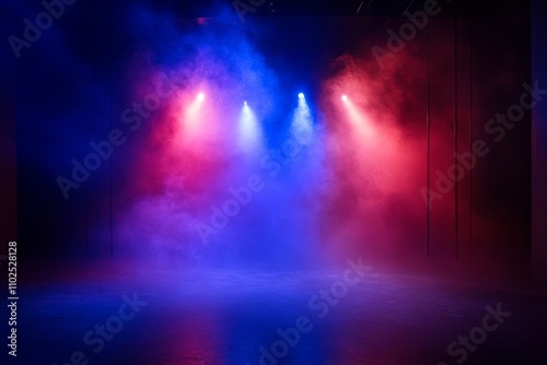 Dramatic Stage Lighting with Red and Blue Smoke Effects Creating an Atmospheric and Mysterious Ambiance for Productions or Events