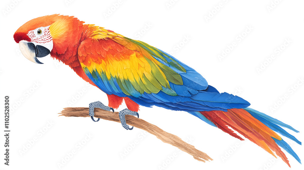 Fototapeta premium The green-winged macaw is among the largest macaw species It has red body feathers and underwings and is walking on floor Photo on white background. This has clipping path.